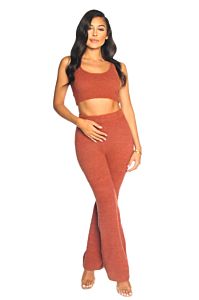 LA Sisters Fluffy Wide Leg Two Piece Clay Front
