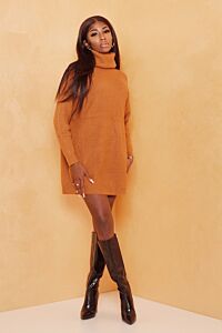 Eve May Knitted Turtle Neck Sweater Dress Mustard Front