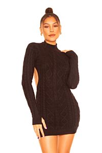 LA Sisters Knitted Open Back Cable Dress Black Front