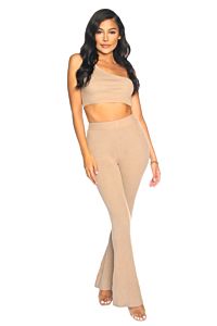 LA Sisters Knitted Off-Shoulder Two Piece Light Brown