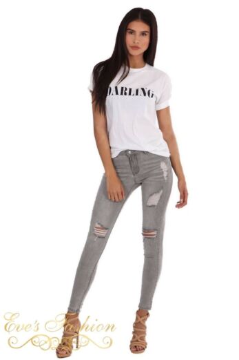 LA Sisters Ripped High Waist Jeans Grey Front