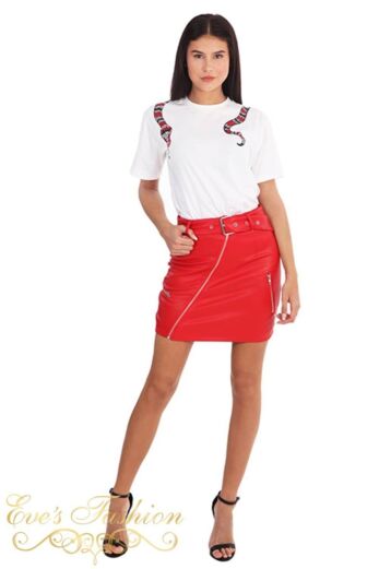 LA Sisters Leather Belted Mini Skirt Red