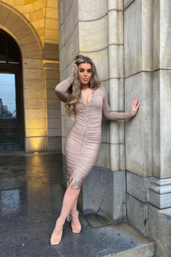 Unique the Label Amber Ruched Dress Long Taupe Front