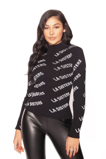 LA Sisters Knitted Logo Turtle Neck Top Black Front
